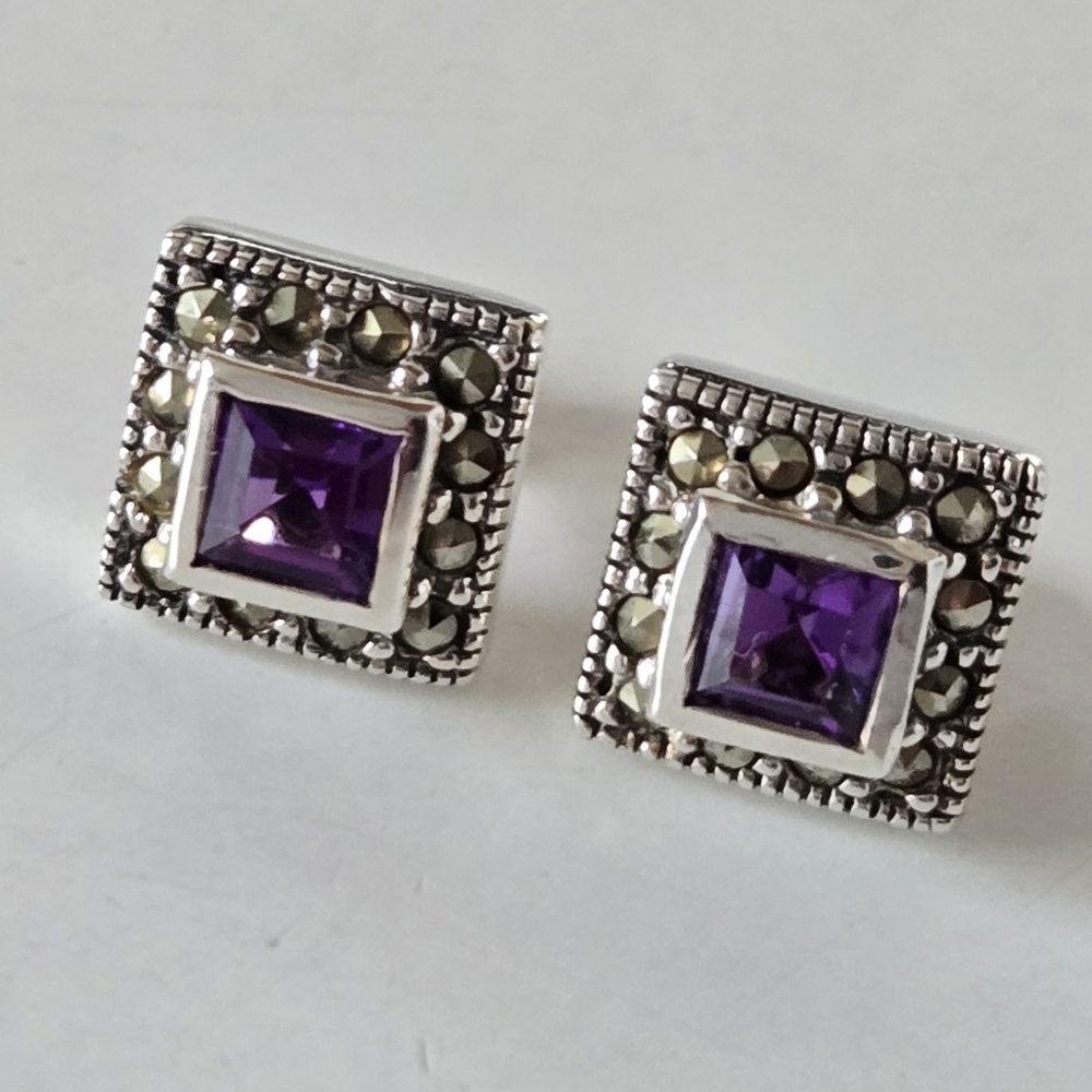 Purple Amethyst & Marcasite Solitaire 925 Silver Stud Earrings